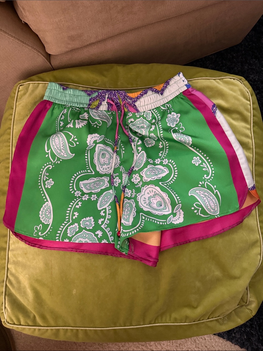 Zara Green Paisley Dressy Shorts with Pink Trim